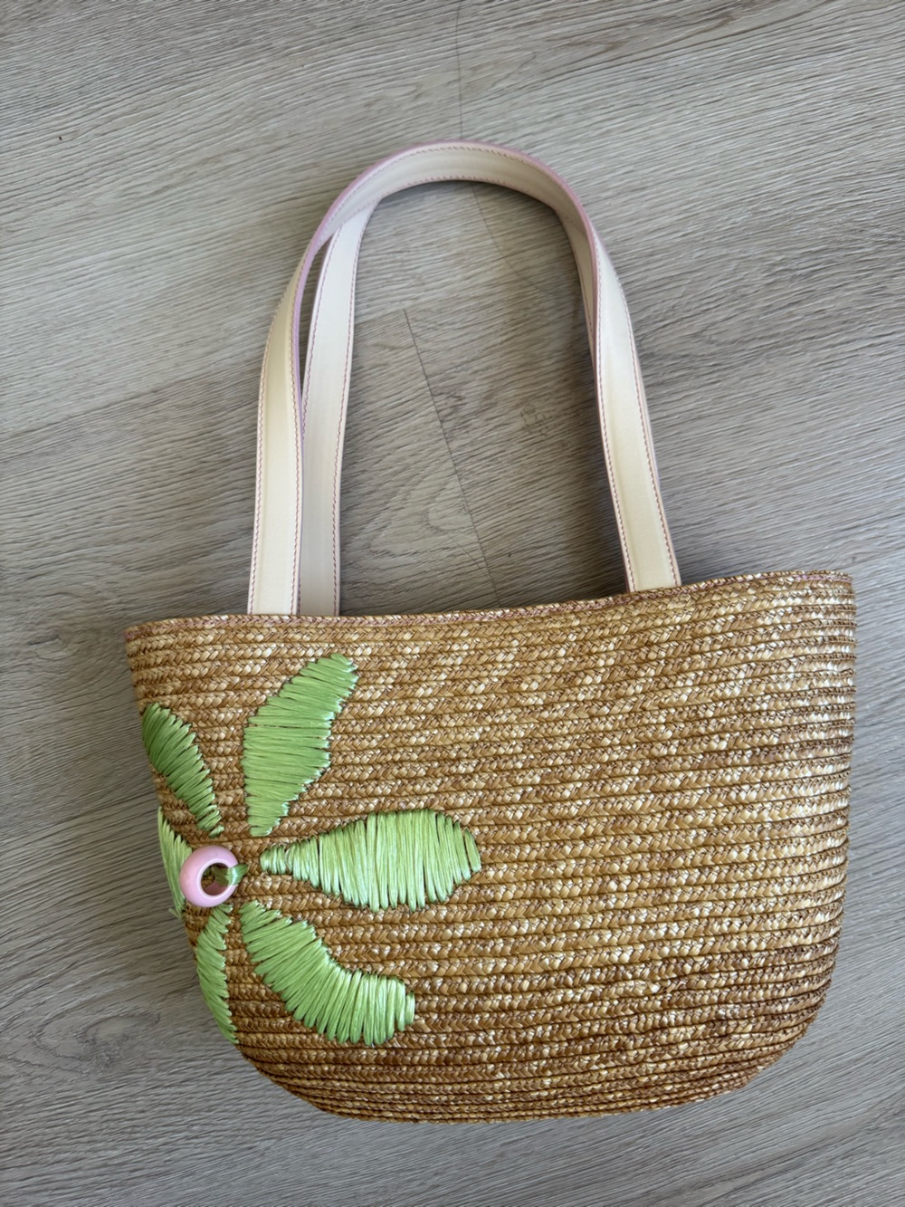 Furla Woven Straw Tote with Light Green Palm and Cream Straps